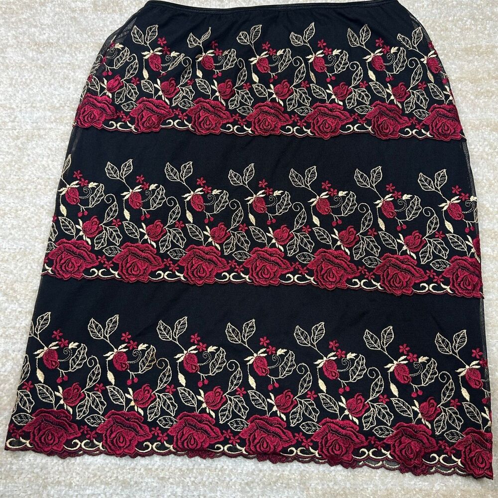 Karen Kane Skirt Womens L Black Red Floral Embroidered Mesh Pencil Skirt Lace